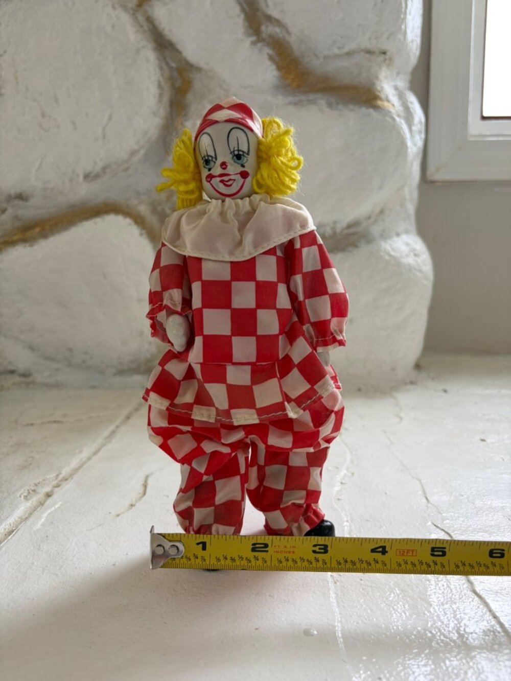 Vintage Red & White Harlequin Checkeredboard Clown Doll Yarn Hair Figurine - Picture 13 of 14